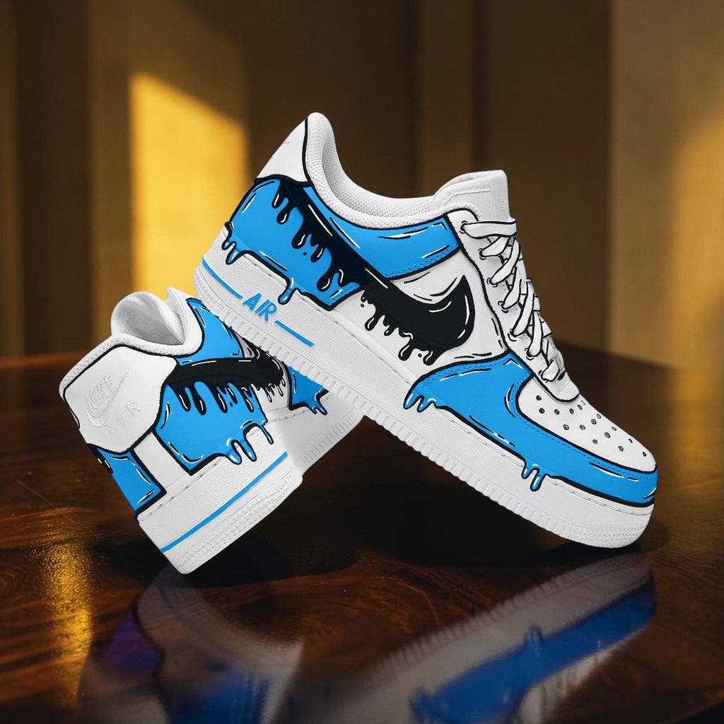 Blue Drip Cartoon Sneakers, White Graphic Streetwear Shoes, Custom Art Shoes, Trendy Casual Sneakers, Unique Gift for Sneaker Lovers
