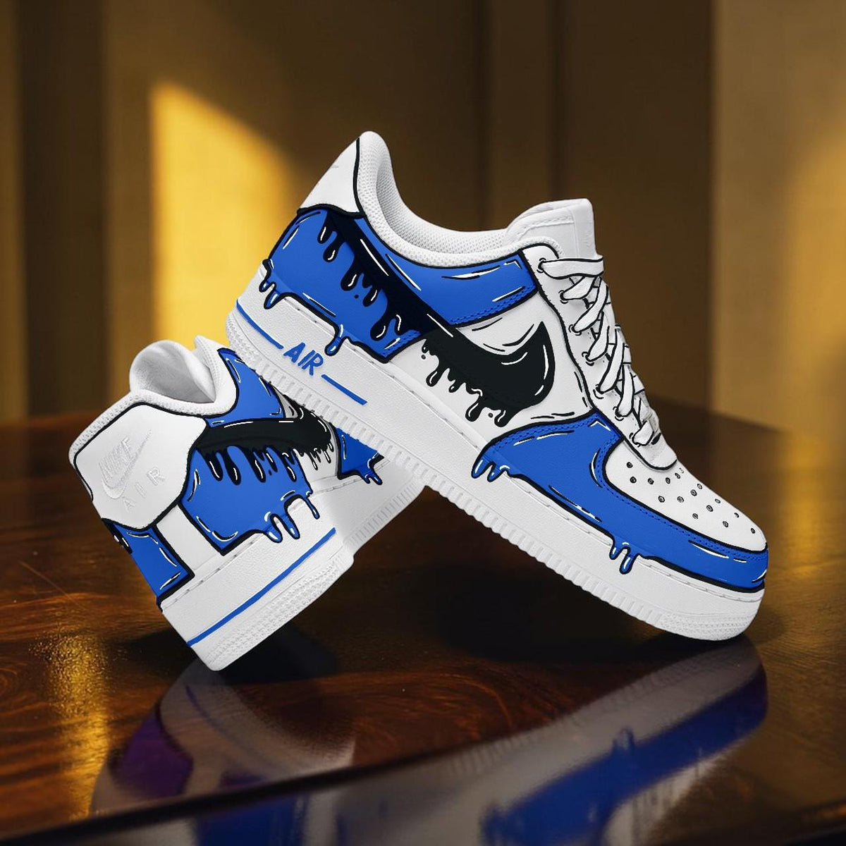 Blue Drip Cartoon Sneakers, White Graphic Streetwear Shoes, Custom Art Shoes, Trendy Casual Sneakers, Unique Gift for Sneaker Lovers
