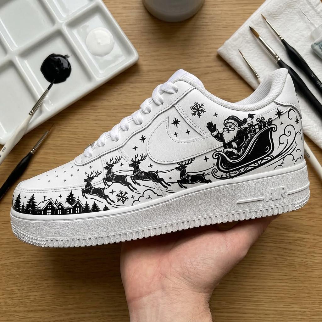 Christmas Custom AF1, Hand Painted Santa Shoes, Festive Black White Sneakers