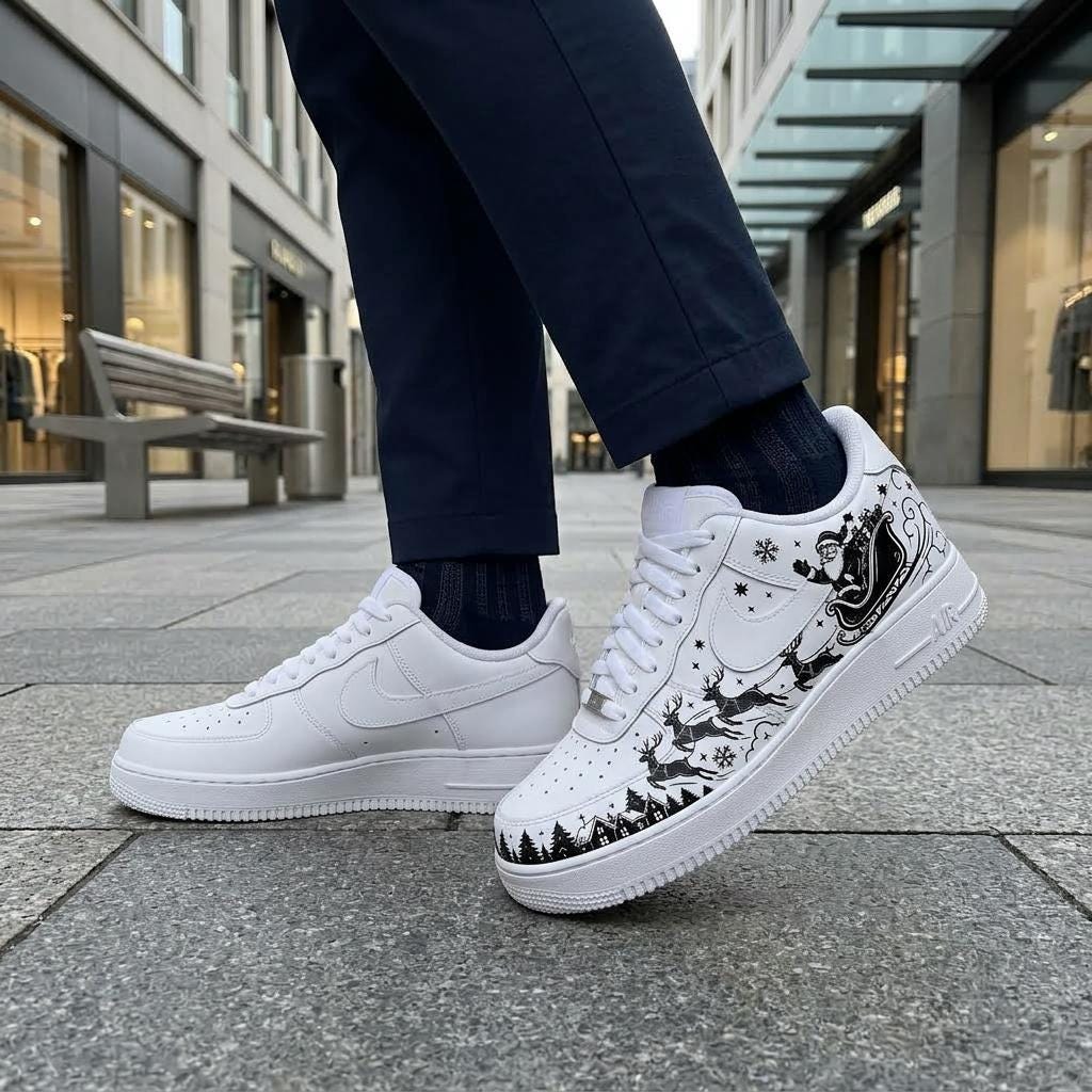 Christmas Custom AF1, Hand Painted Santa Shoes, Festive Black White Sneakers