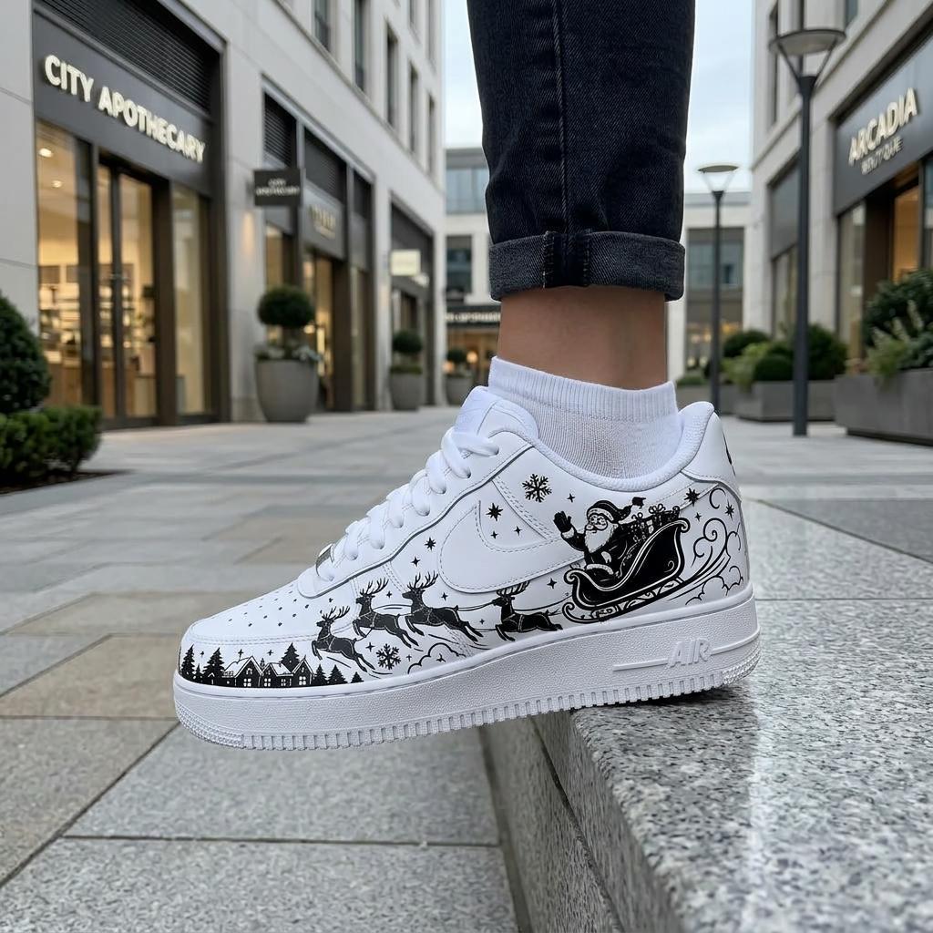Christmas Custom AF1, Hand Painted Santa Shoes, Festive Black White Sneakers