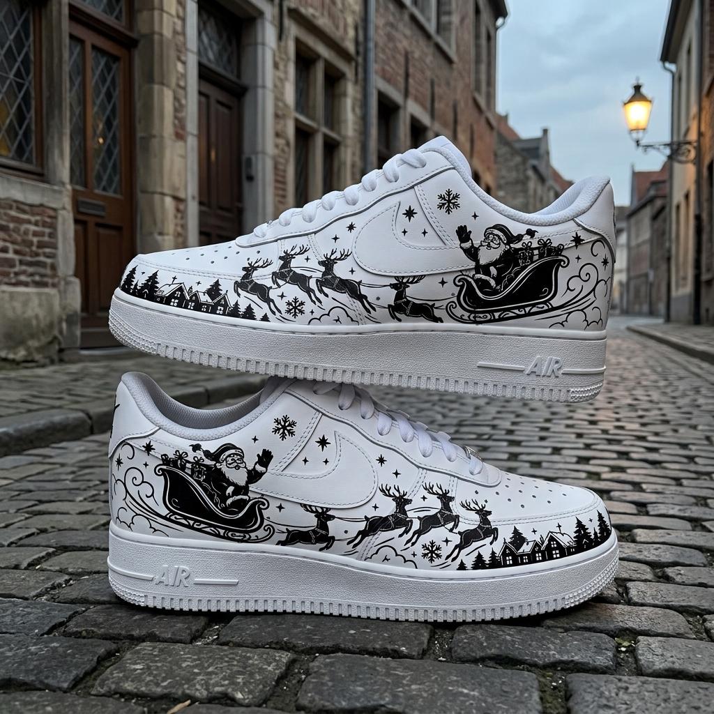 Christmas Custom AF1, Hand Painted Santa Shoes, Festive Black White Sneakers