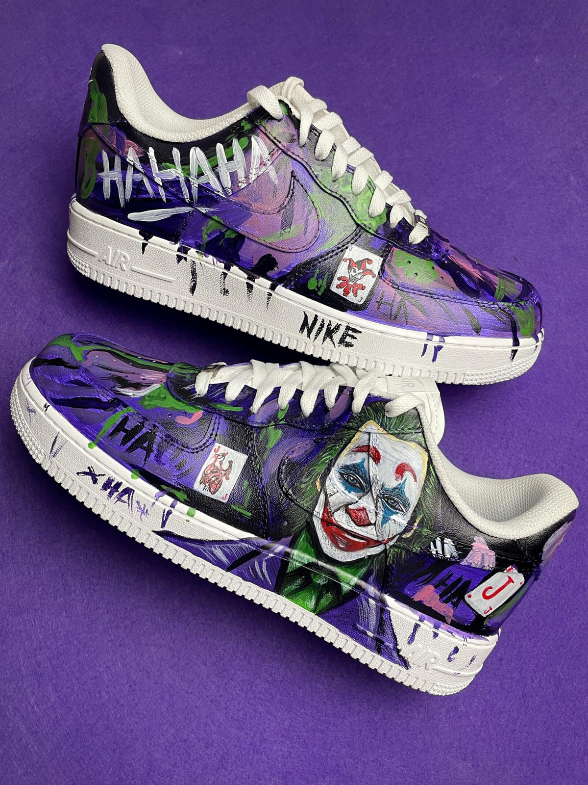 Custom Hand Painted AF1 Sneakers, Purple Joker Villain Shoes, Halloween Costume HAHA Sneaker, Personalized Comic Book Gift Men Women