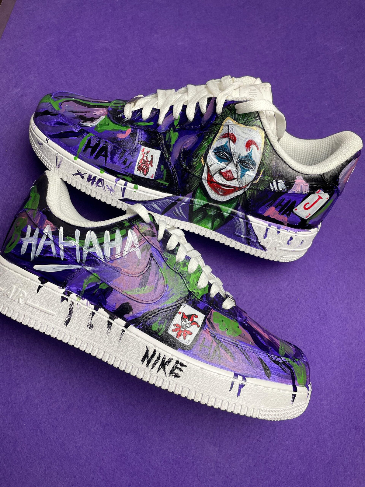 Custom Hand Painted AF1 Sneakers, Purple Joker Villain Shoes, Halloween Costume HAHA Sneaker, Personalized Comic Book Gift Men Women
