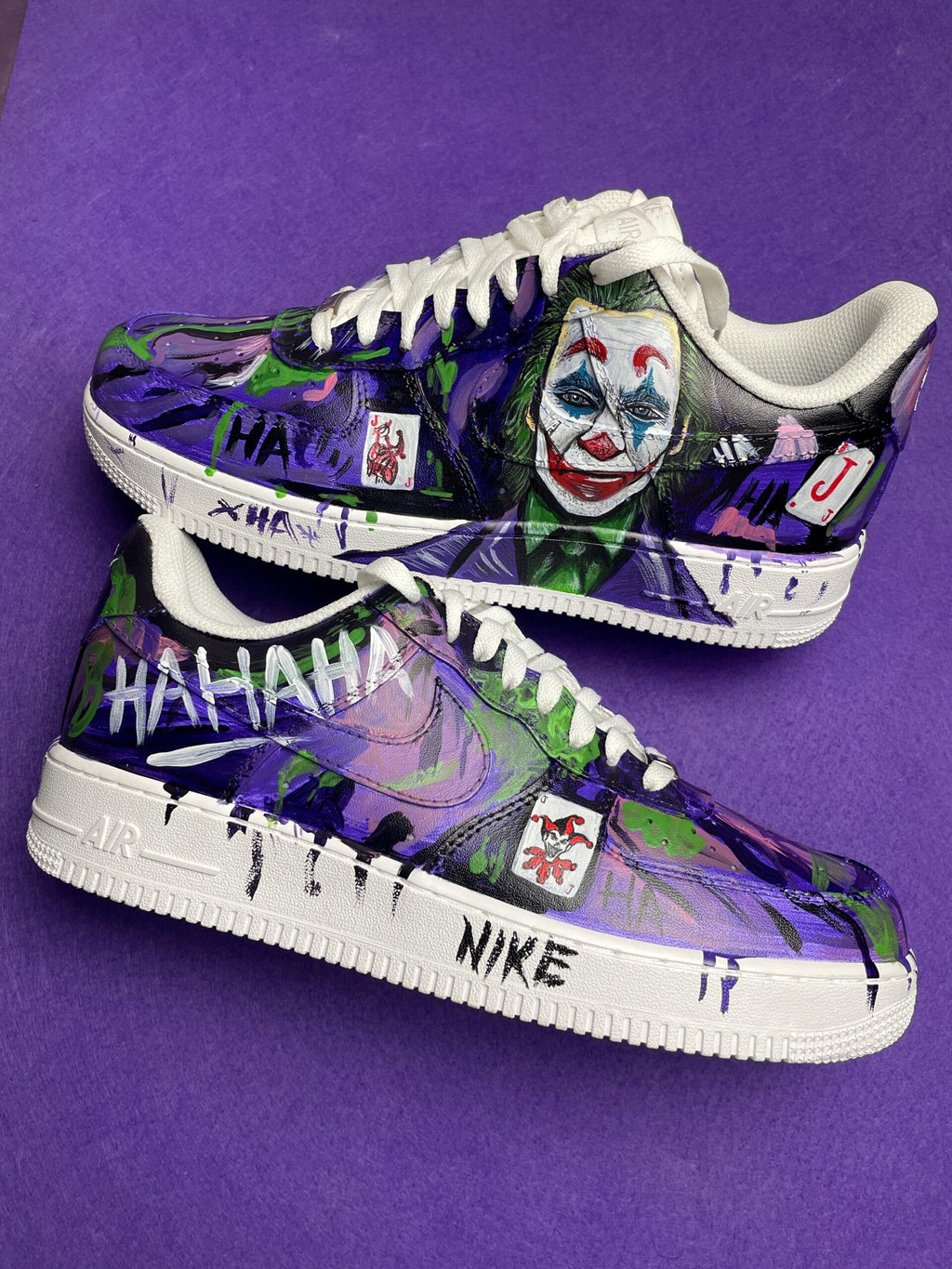 Custom Hand Painted AF1 Sneakers, Purple Joker Villain Shoes, Halloween Costume HAHA Sneaker, Personalized Comic Book Gift Men Women