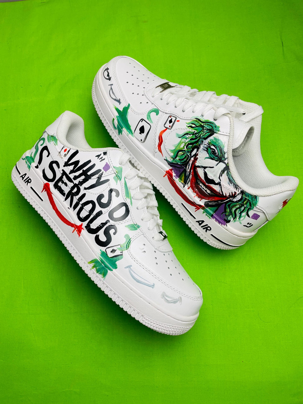 Custom Hand Painted AF1 Sneakers, Joker Why So Serious Villain Shoes, Green Comic Book Art Sneakers, Personalized Comic Gift for Men Women