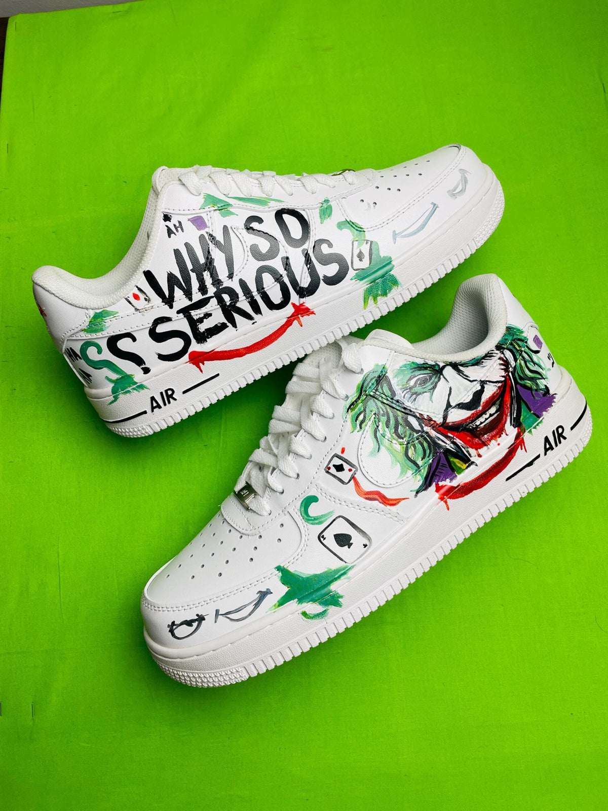 Custom Hand Painted AF1 Sneakers, Joker Why So Serious Villain Shoes, Green Comic Book Art Sneakers, Personalized Comic Gift for Men Women