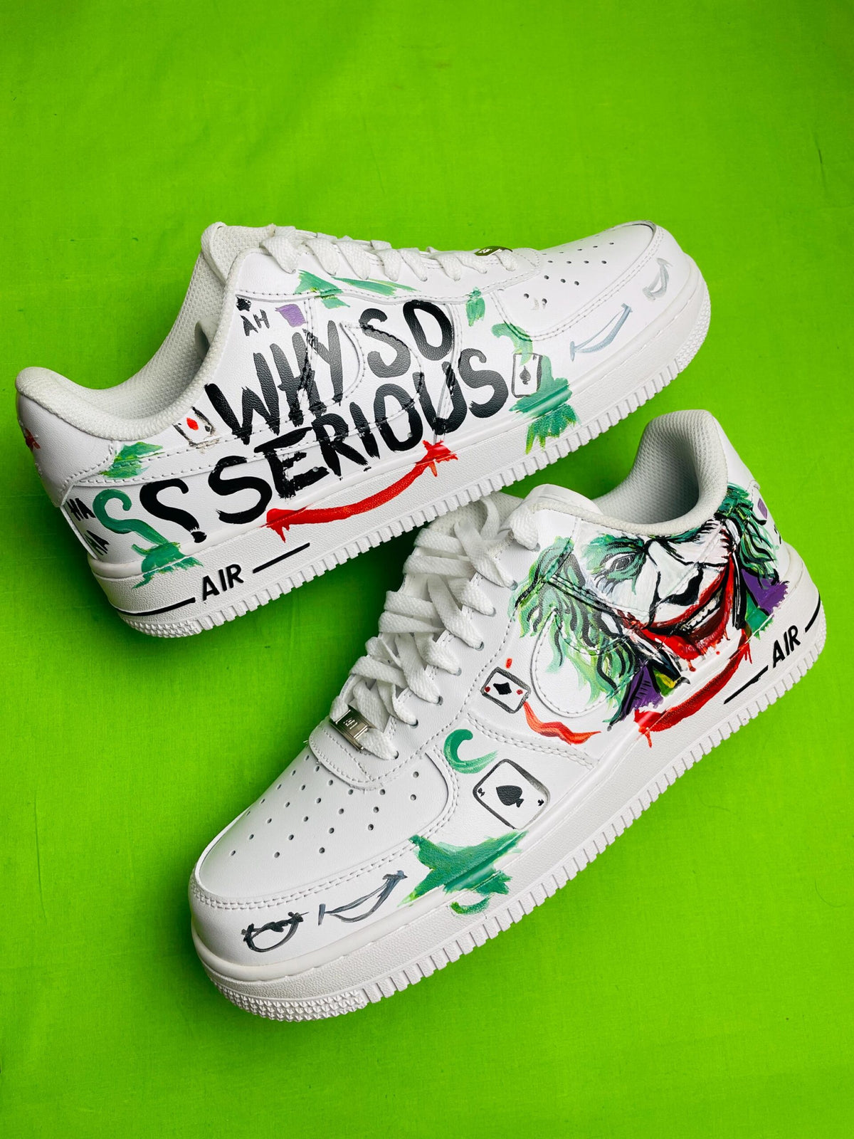 Custom Hand Painted AF1 Sneakers, Joker Why So Serious Villain Shoes, Green Comic Book Art Sneakers, Personalized Comic Gift for Men Women